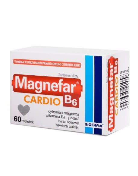 MAGNEFAR B-6 CARDIO Cytrynian Magnezu, Witamina B-6, Potas, Kwas Foliowy 60 tabl