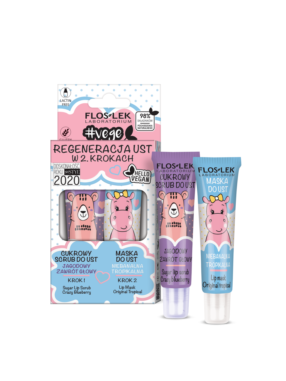 Floslek VEGE LIP CARE Lip regeneration in 2 steps (Sugar lip scrub Crazy blueberry + Lip mask Original tropical)