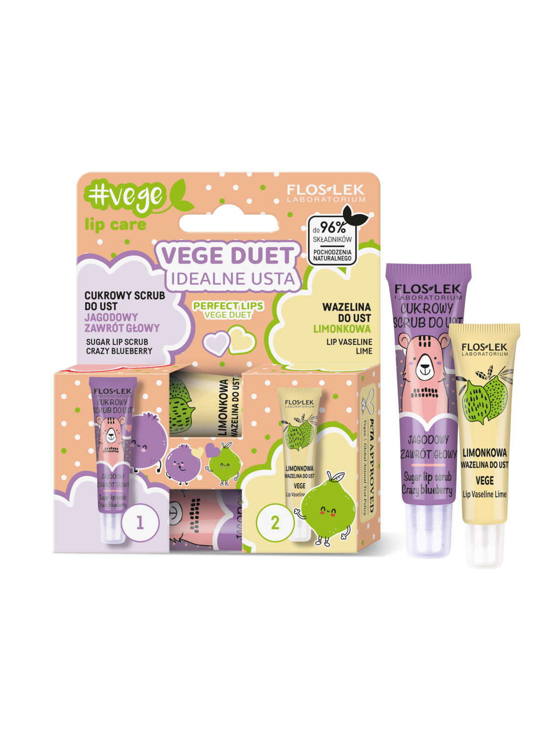 VEGE DUET IDEALNE USTA Cukrowy Scrub Do Ust Jagodowy Zawrót Glowy 14 g + Wazelina Do Ust Limonkowa 10 g